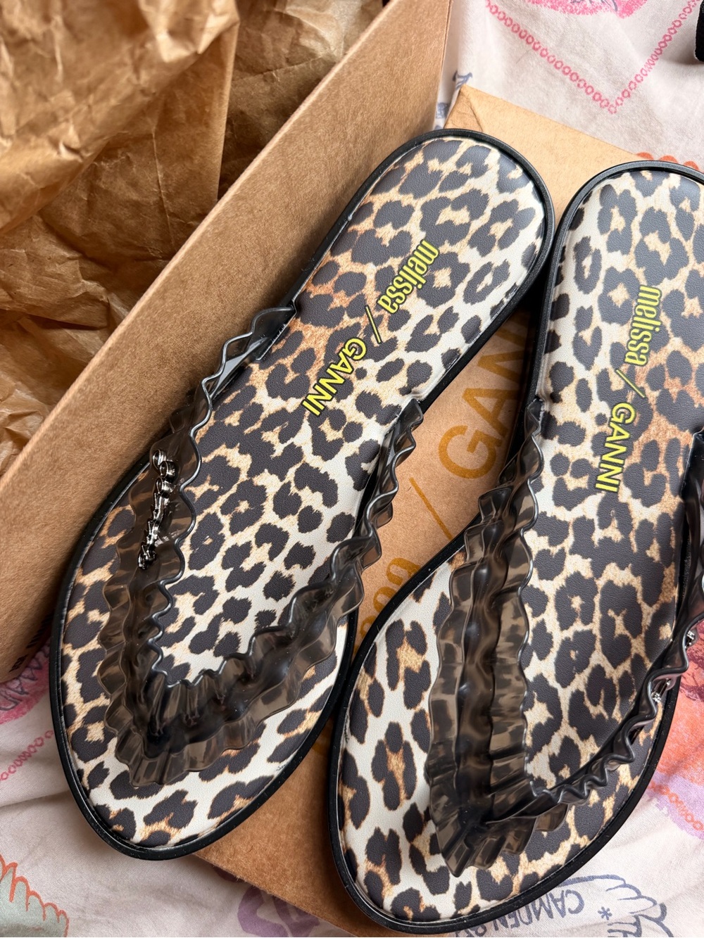 Melissa x GANNI Flip Flop Slim Leopard Print Sandals US 8 M Like New